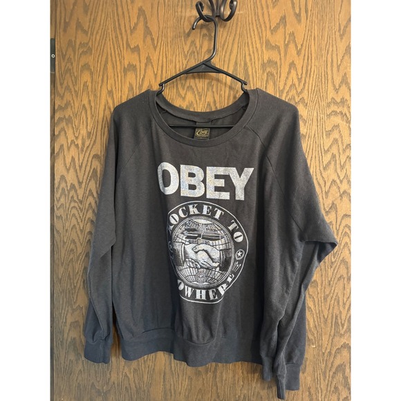 Obey Tops - Obey Rocket to Nowhere Graphic Sweatshirt‎ Charcoal Black Logo Large